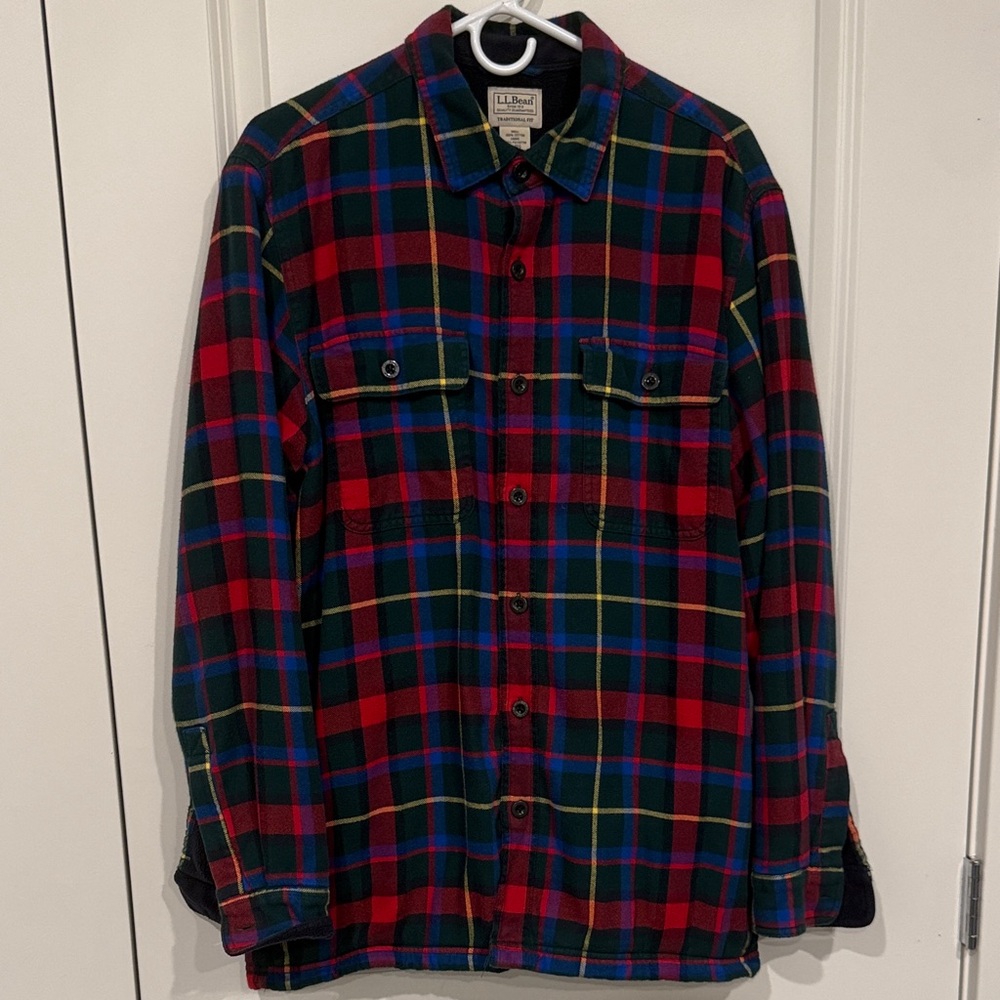 L.L. Bean Navy and Green Traditional Fit Polyester Lined Flannel